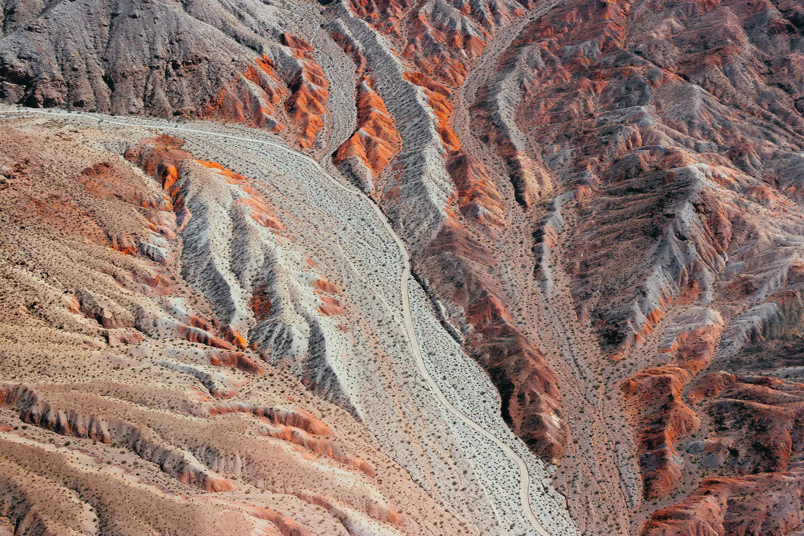 Aerial view of eroded desert ridges in rust, grey and cream, crossed by a track